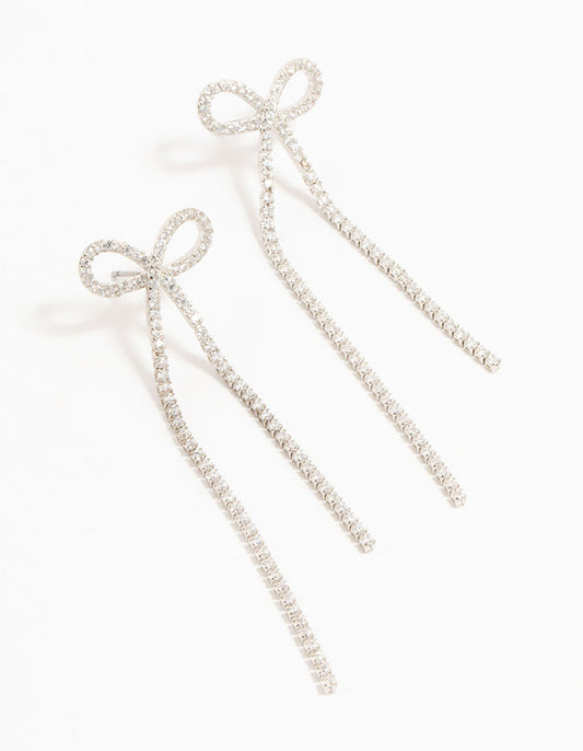 Silver Plated Cubic Zirconia Bow Drop Earrings