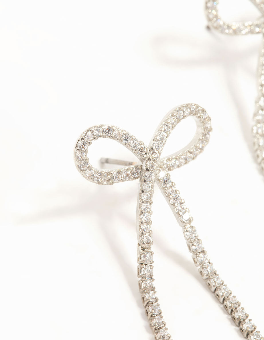 Silver Plated Cubic Zirconia Bow Drop Earrings