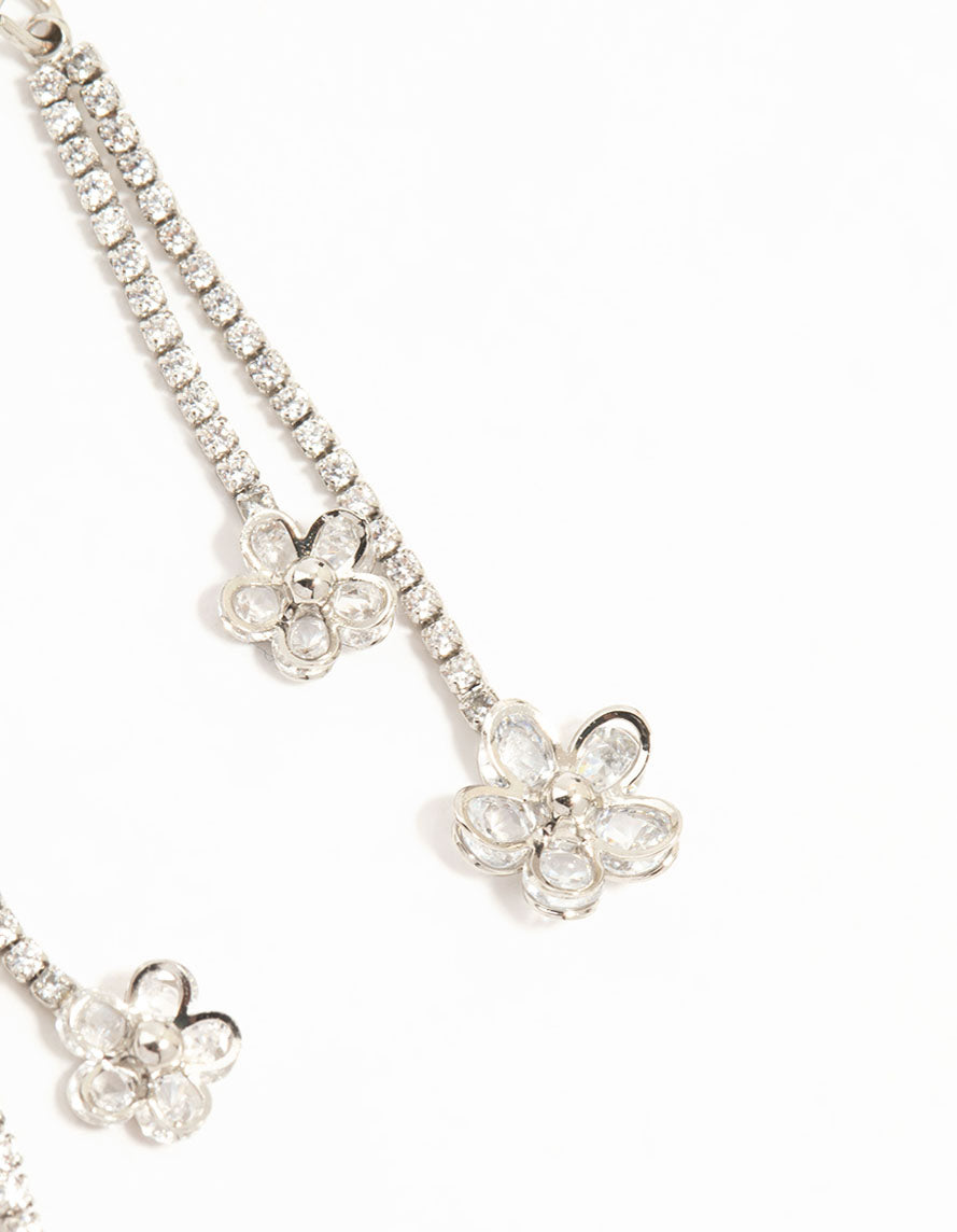 Silver Cubic Zirconia Flower Hook Drop Earrings