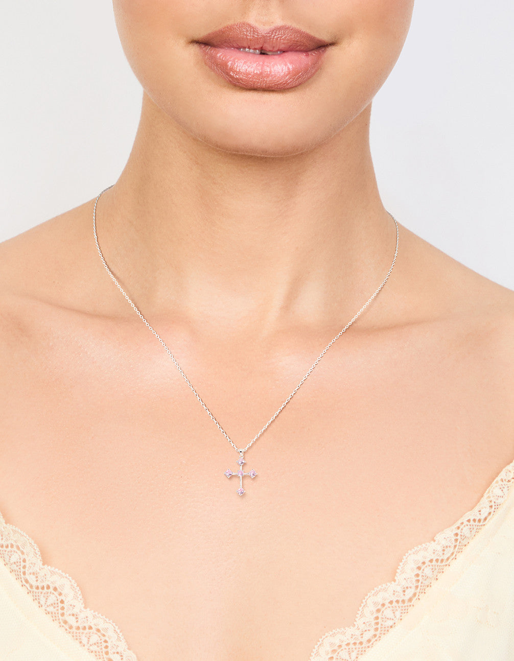 Silver Cubic Zirconia Round Cubic Zirconia Cross Pendant Necklace