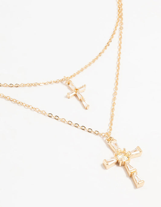 Gold Cubic Zirconia Cross Layered Necklace