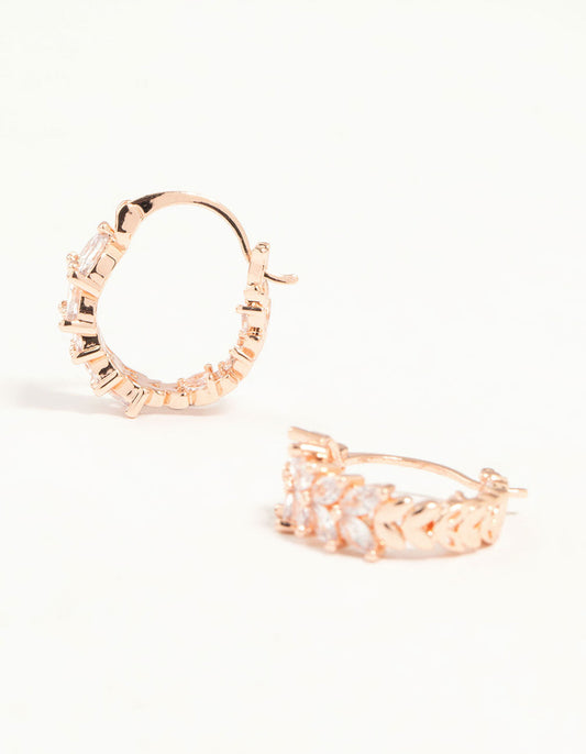 Rose Gold Plated Medium Vine Cubic Zirconia Hoop Earrings