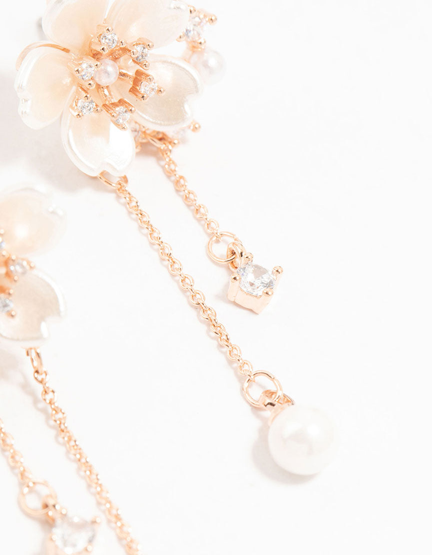 Rose Gold Plated Flower Diamante Pearl Drop Earrings