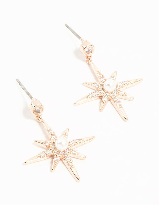 Rose Gold Plated Star Crystal Pearl Drop Earrings
