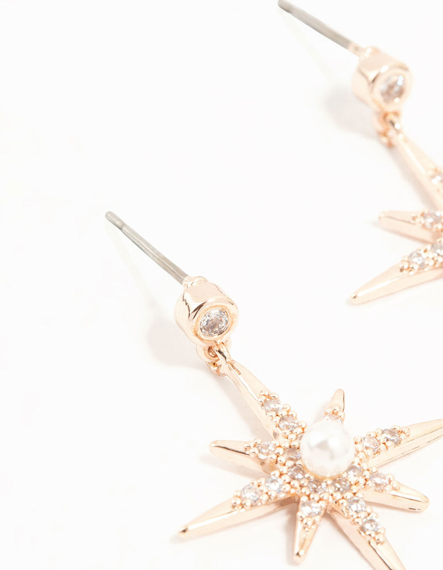 Rose Gold Plated Star Crystal Pearl Drop Earrings