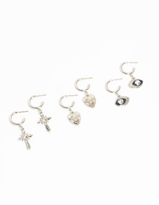 Silver Heart, Evil Eye & Cross Hoop Earrings 3-Pack
