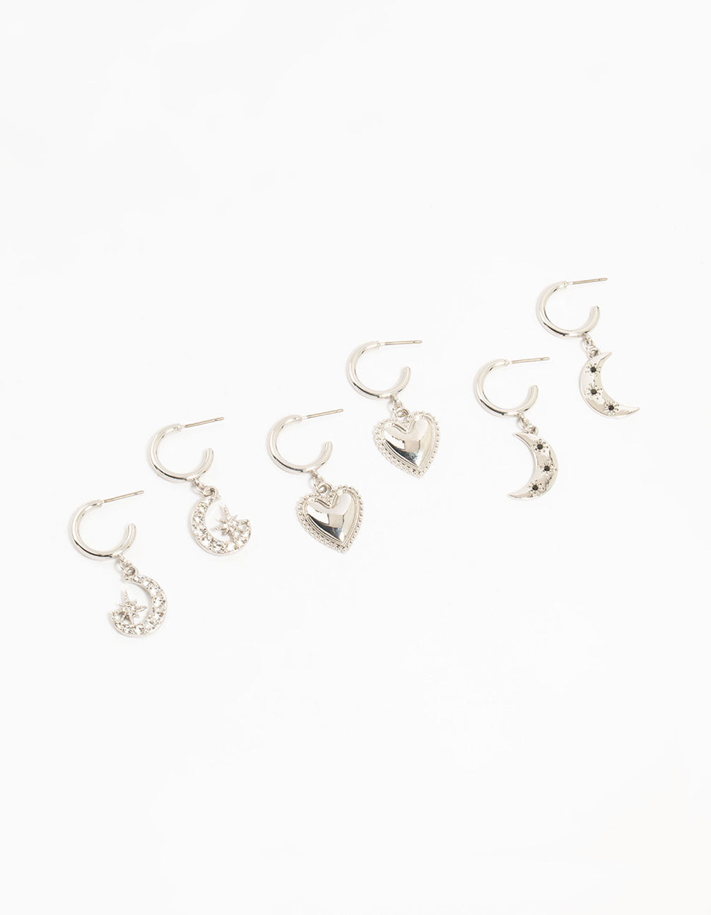 Silver Plated Heart, Moon & Star Hoop Earrings 3-Pack
