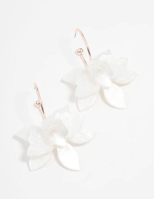 Rose Gold White Marble Flower Hoop Earrings