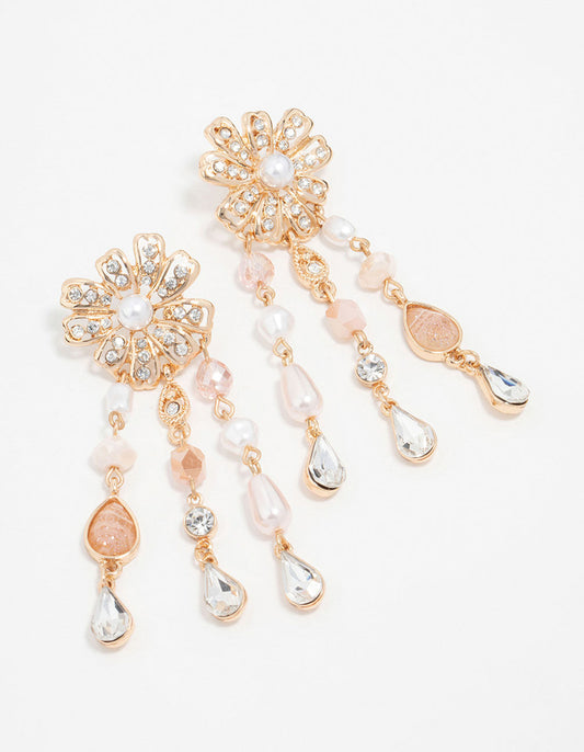 Rose Gold Bead & Pearl Floral Drop Earrings