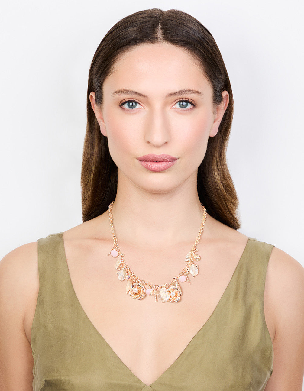 Rose Gold Flower & Leaf Charm Short Necklace