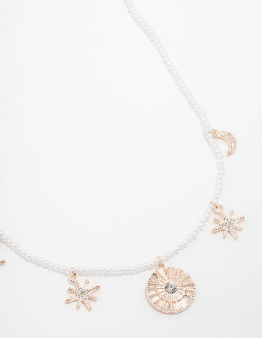 Rose Gold Acrylic Pearl Celestial Diamante Charm Necklace