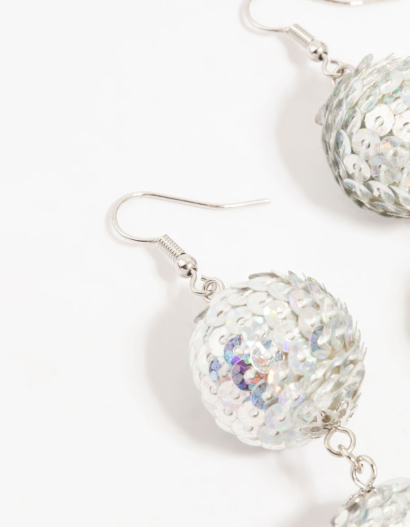 Silver Sequin Disco Ball Drop Earrings