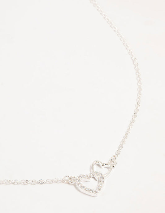 Silver Cubic Zirconia Open Double Heart Necklace