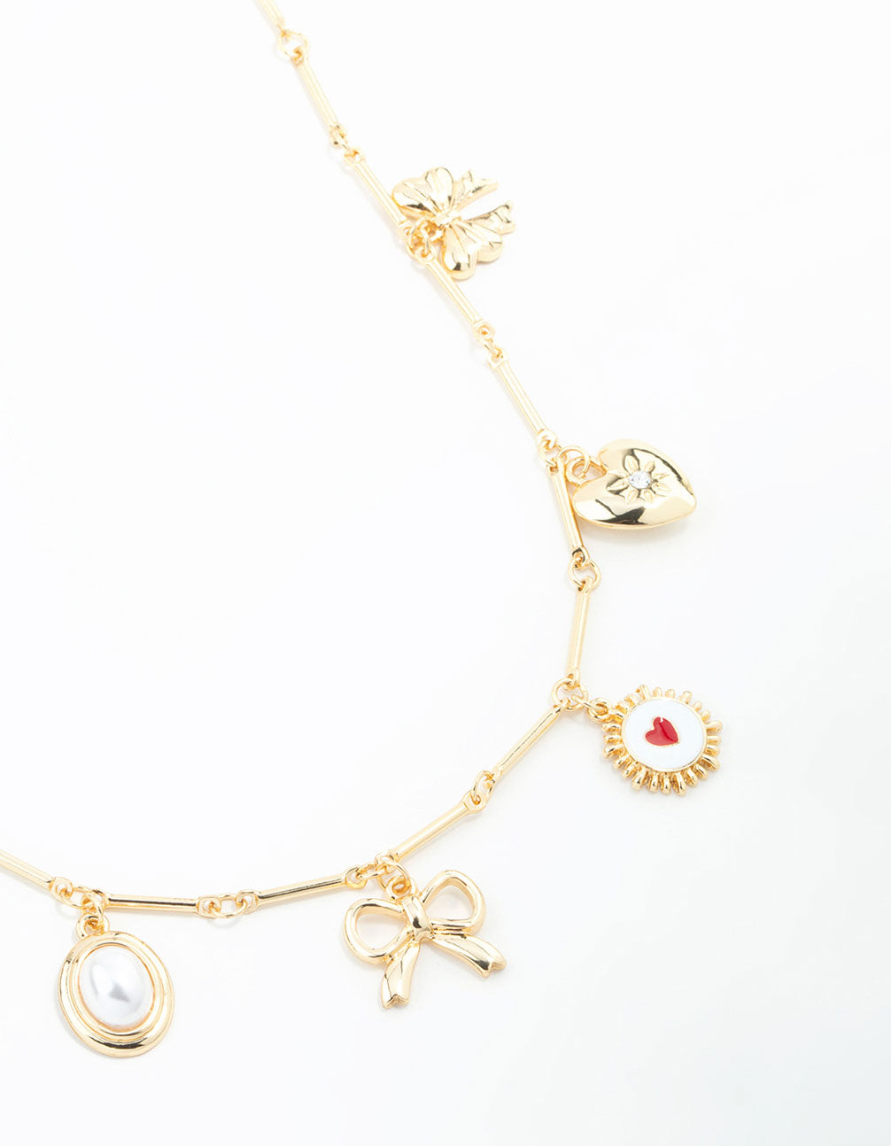 Gold Plated Heart & Bow Charm Necklace