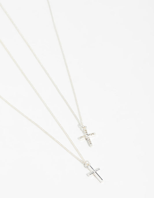 Silver Plain & Diamante Cross Pendant Necklaces 2-Pack