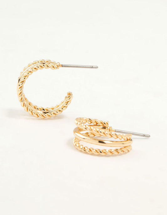 Gold Twisted and Plain Triple Huggie Earrings