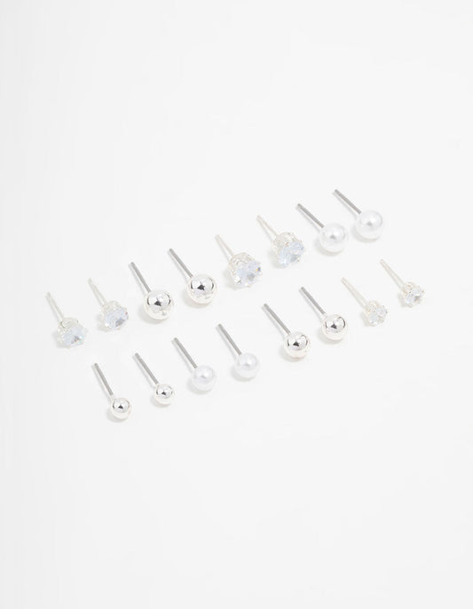 Silver Diamante & Pearl Stud Earrings 8-Pack