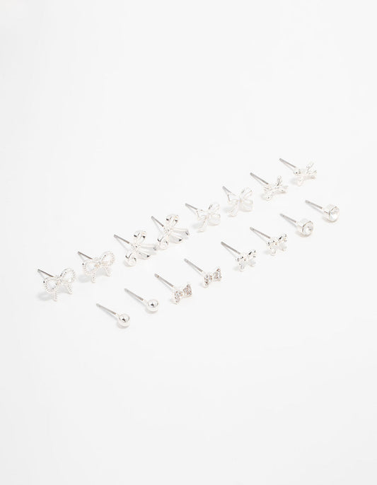 Silver Diamante & Bow Stud Earrings 8-Pack