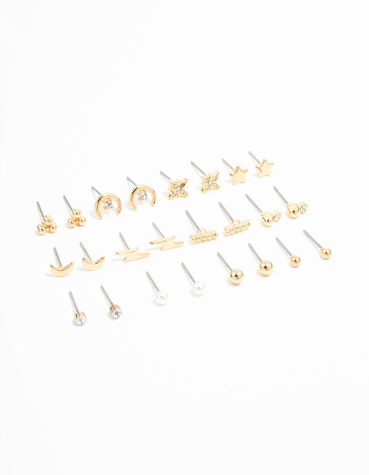 Gold Moon & Star Stud Earrings 12-Pack