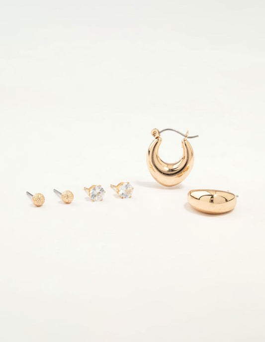 Gold Diamante Studs & Hoop Earrings 3-Pack
