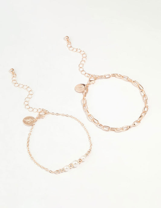 Rose Gold Chain Link & Pearl 2-Pack Bracelet