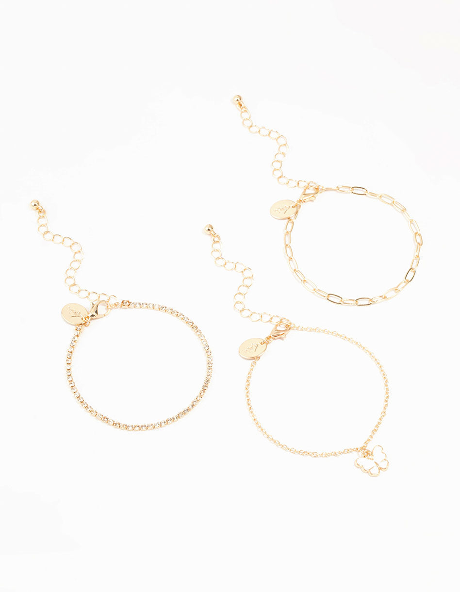 Gold Chain Diamante Butterfly Bracelets 3-Pack