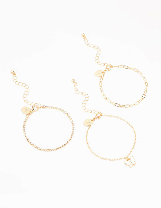 Gold Chain Diamante Butterfly Bracelets 3-Pack
