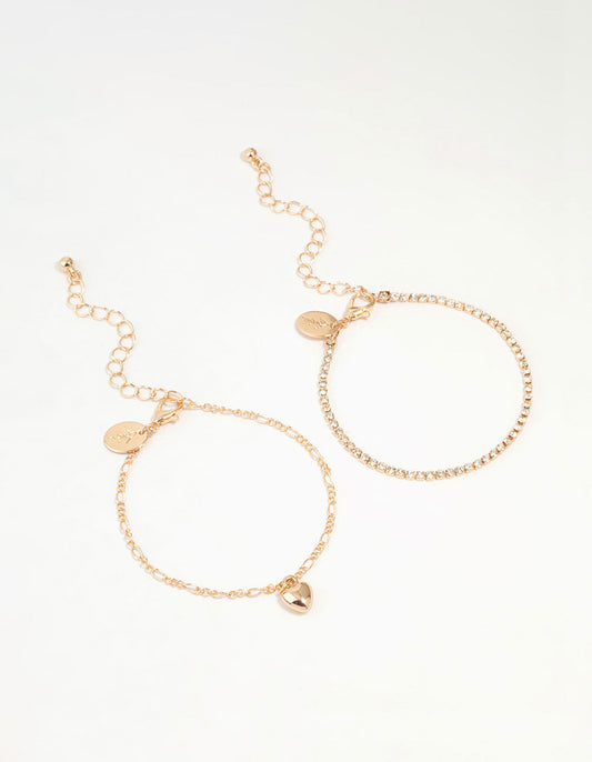 Gold Diamante Chain & Heart Bracelets 2-Pack