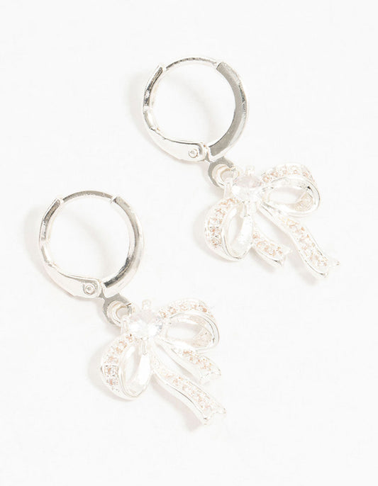 Silver Cubic Zirconia Huggie Bow Drop Earrings