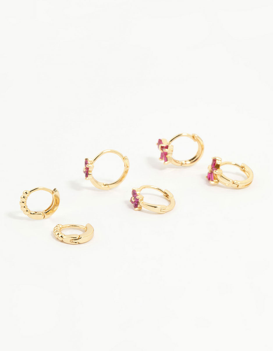Gold Plated Pink Cubic Zirconia Bow Huggie Earrings 3-Pack