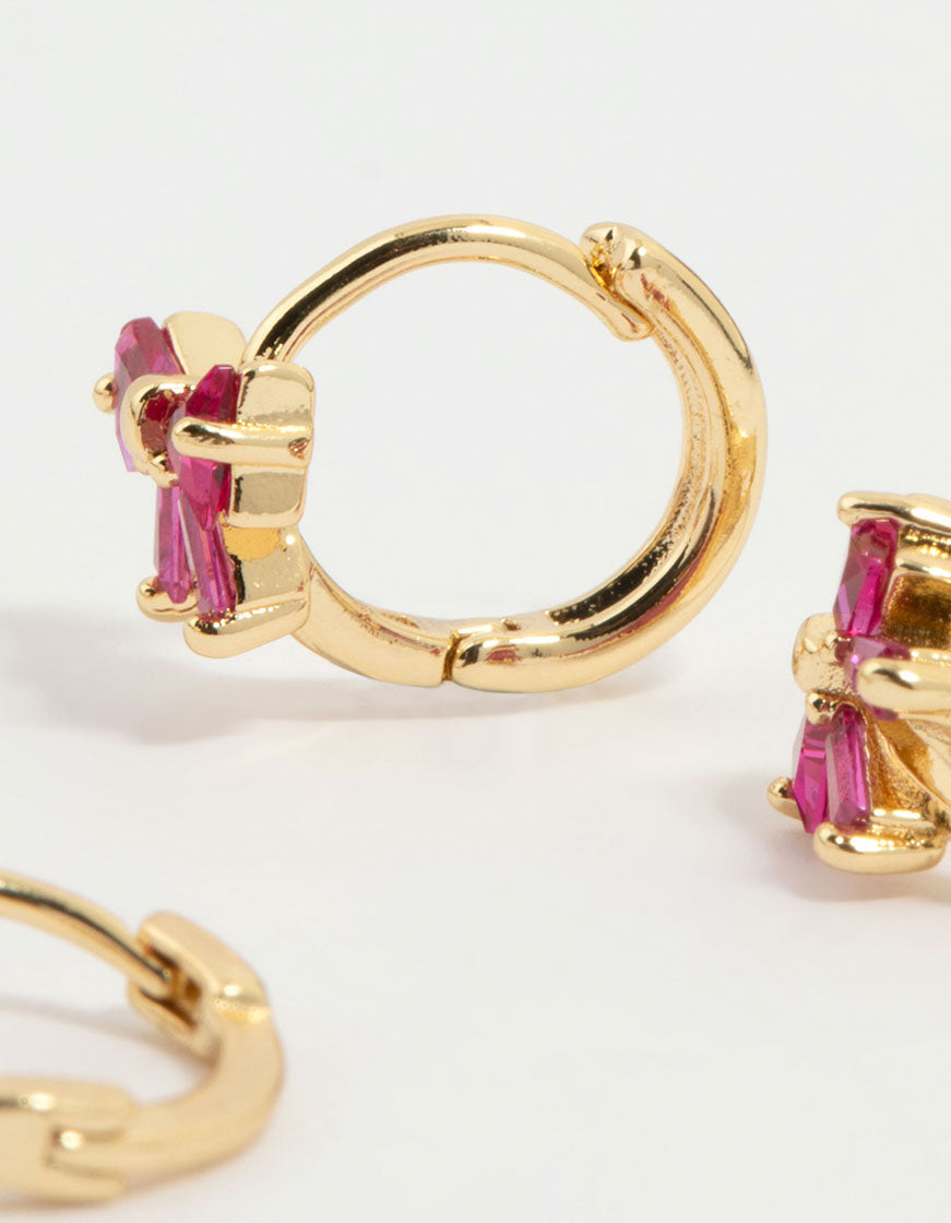 Gold Plated Pink Cubic Zirconia Bow Huggie Earrings 3-Pack
