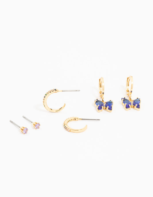 Gold Plated Blue Cubic Zirconia Butterfly Earrings 3-Pack