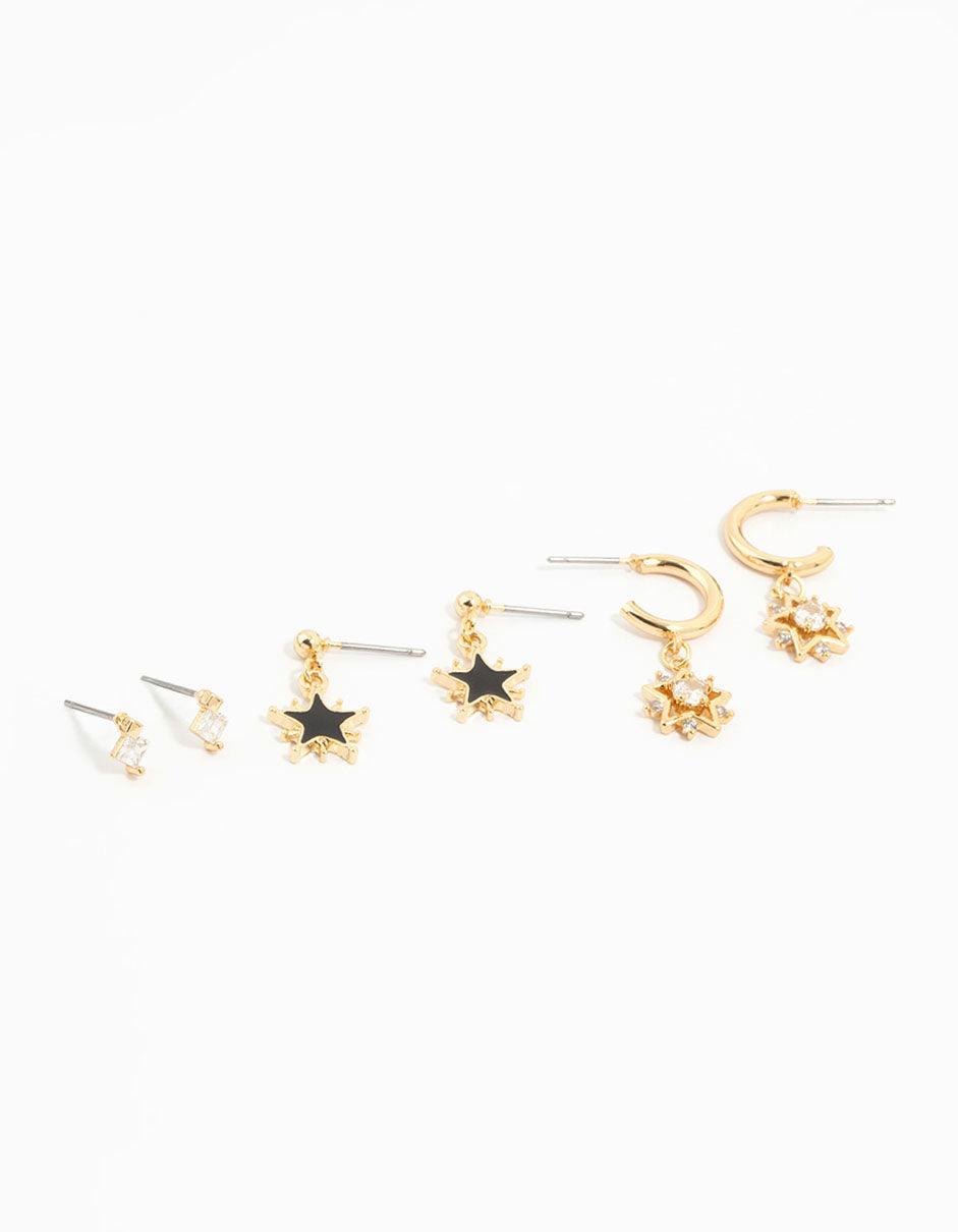 Gold Plated Cubic Zirconia Sun & Star Earrings 3-Pack