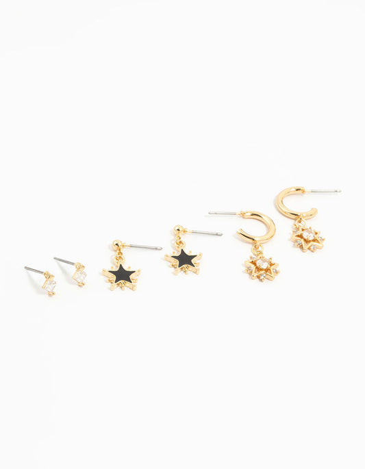 Gold Plated Cubic Zirconia Sun & Star Earrings 3-Pack