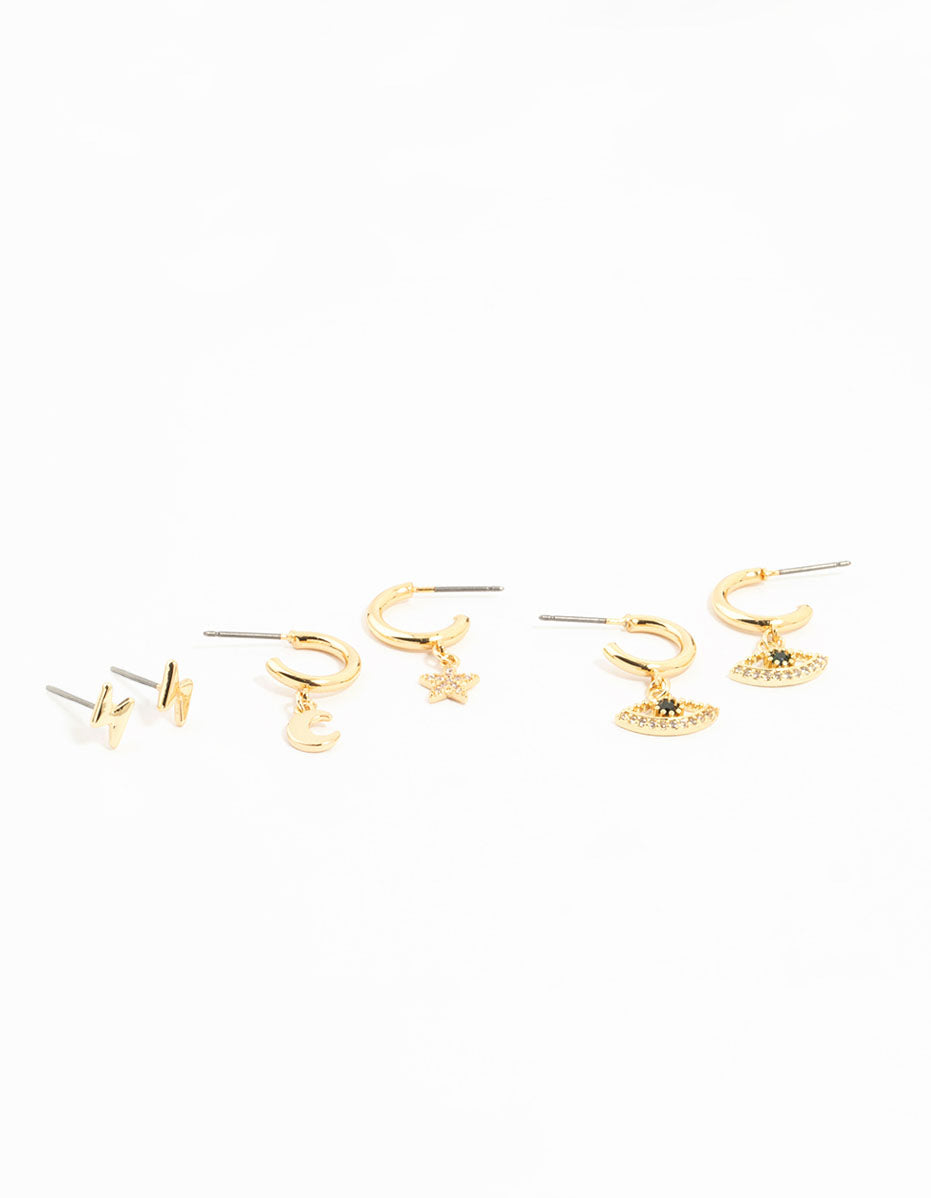 Gold Plated Cubic Zirconia Evil Eye & Moon Earrings 3-Pack