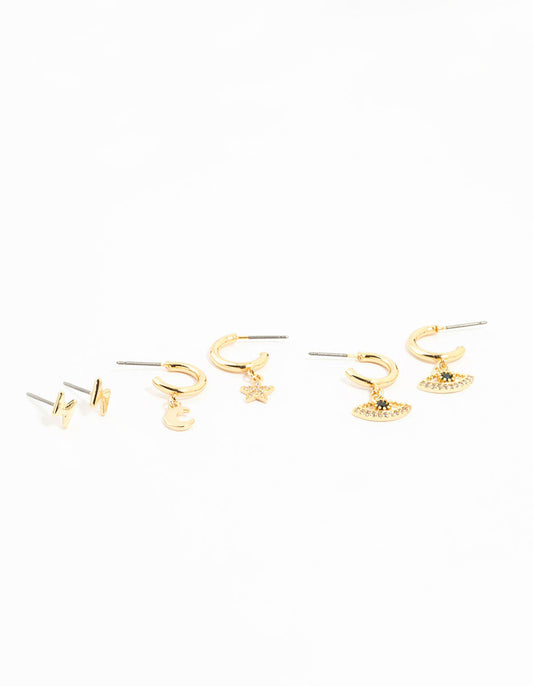Gold Plated Cubic Zirconia Evil Eye & Moon Earrings 3-Pack