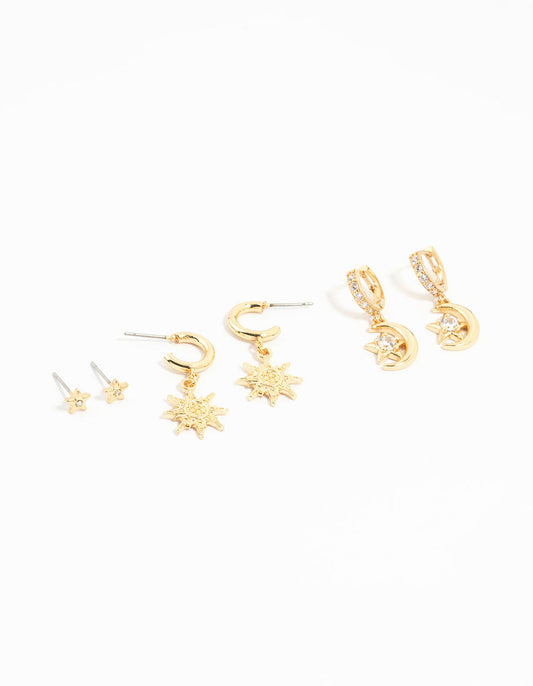 Gold Plated Cubic Zirconia Moon & Sun Earrings 3-Pack