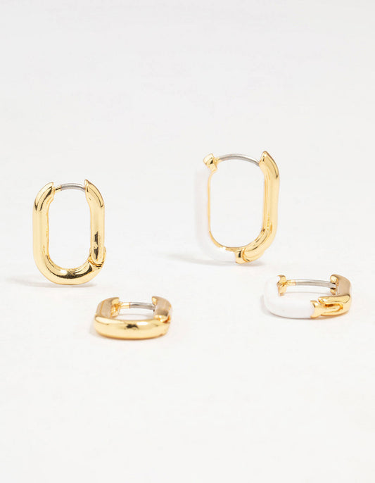 Gold Plated Enamel & Sleek Rectangular Hoop Earrings 2-Pack
