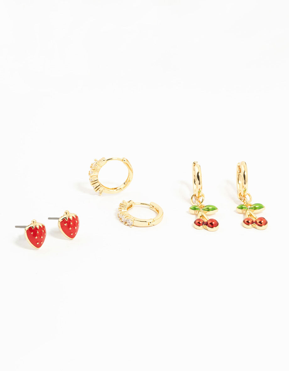 Gold Plated Cubic Zirconia Cherry & Strawberry Earrings 3-Pack