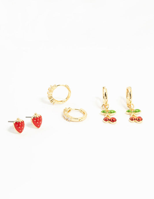 Gold Plated Cubic Zirconia Cherry & Strawberry Earrings 3-Pack