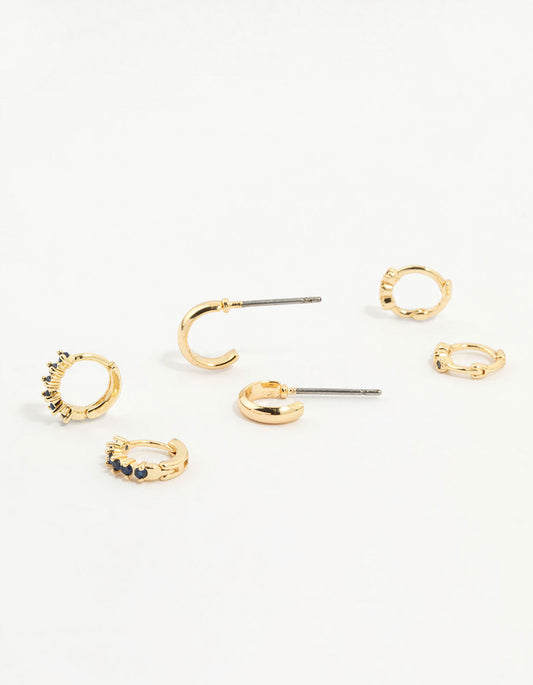 Gold Plated Cubic Zirconia Huggie Earrings 3-Pack