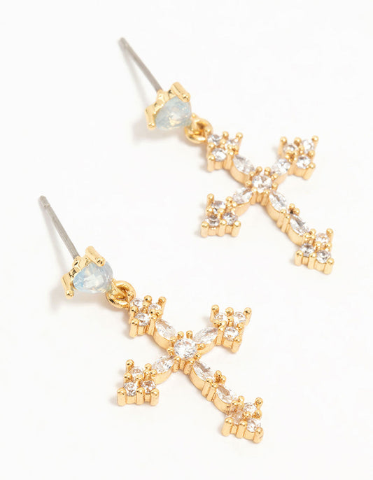 Gold Plated Cubic Zirconia Cross Drop Earrings