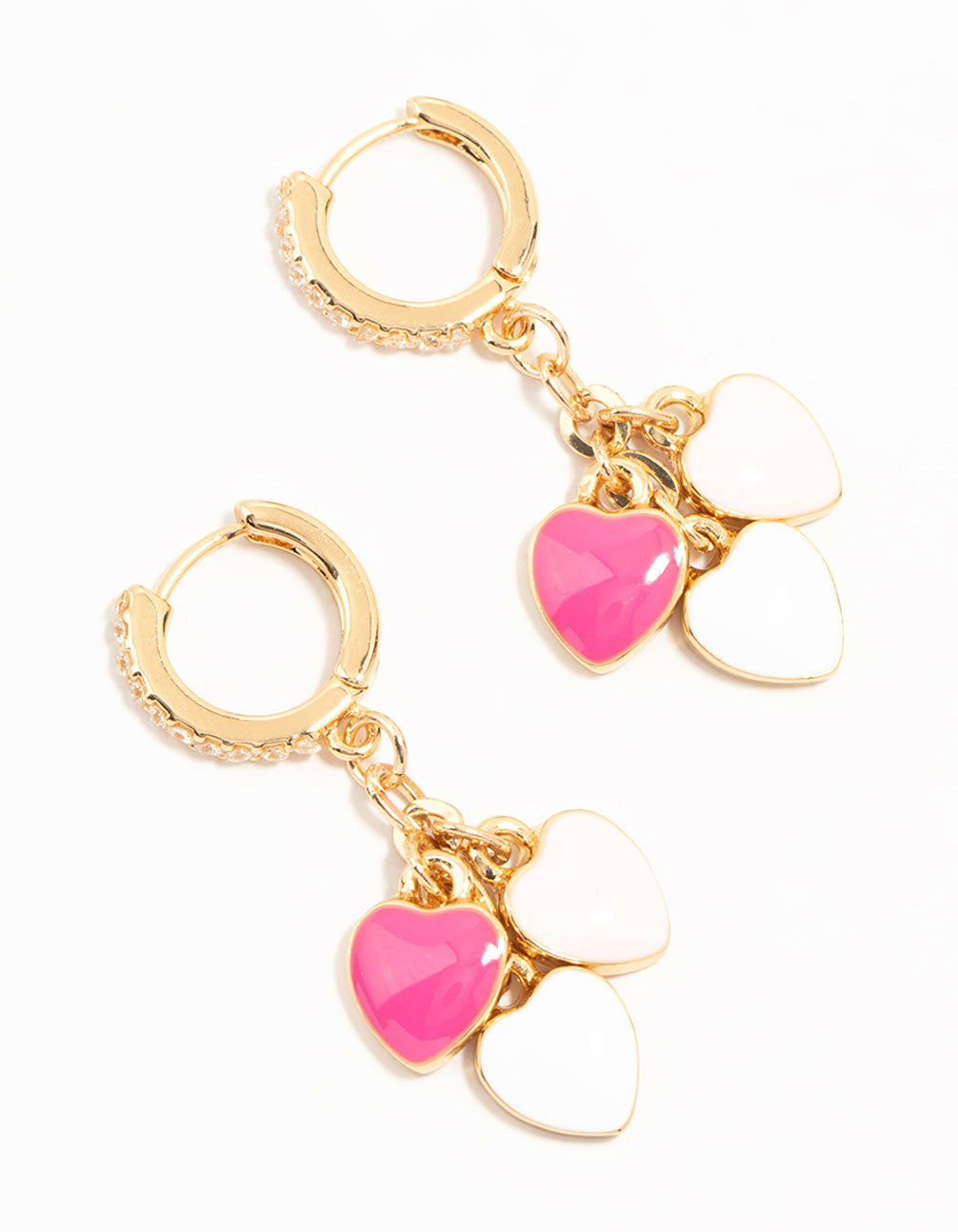 Gold Plated Pink & White Heart Huggie Earrings