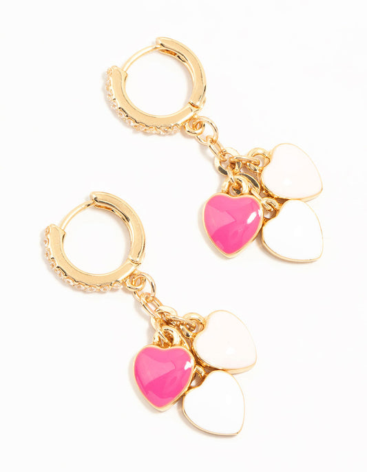 Gold Plated Pink & White Heart Huggie Earrings