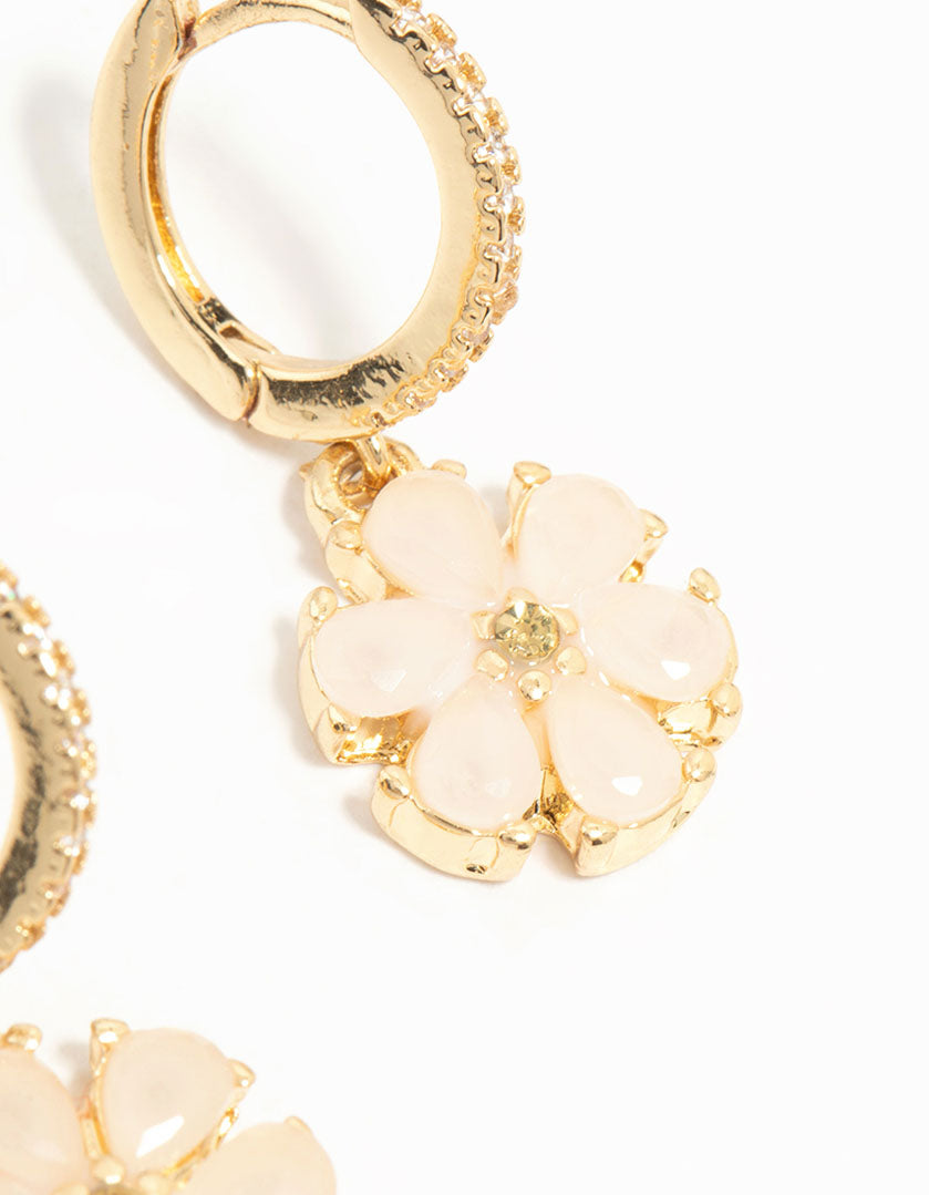 Gold Plated Pink Floral Cubic Zirconia Huggie Earrings
