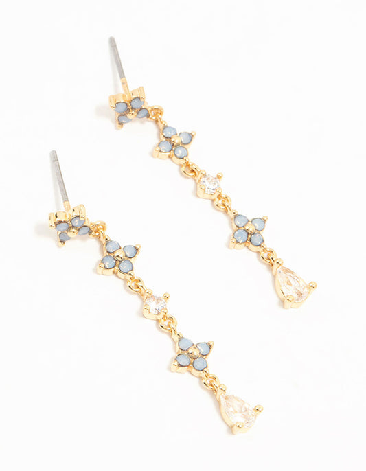 Gold Plated Blue Cubic Zirconia Floral Drop Earrings
