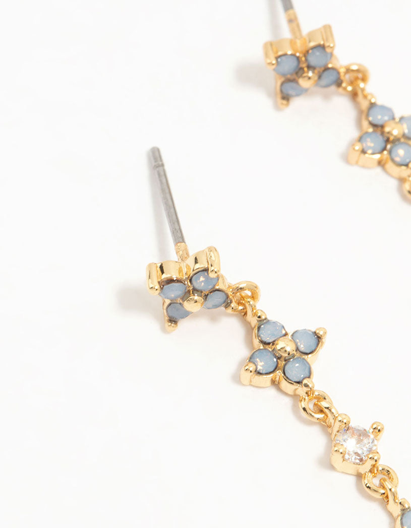 Gold Plated Blue Cubic Zirconia Floral Drop Earrings