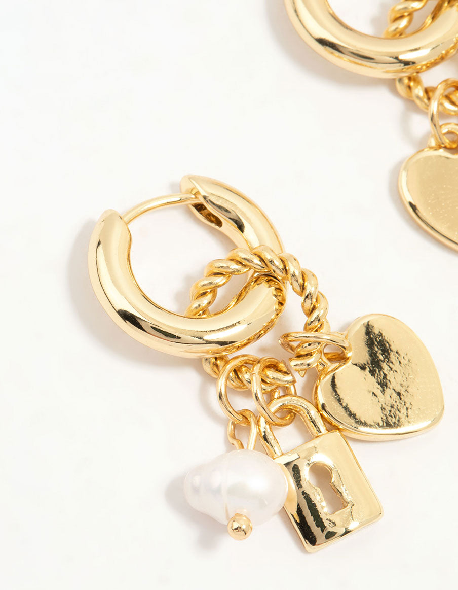 Gold Plated Heart & Lock Drop Huggie Earrings