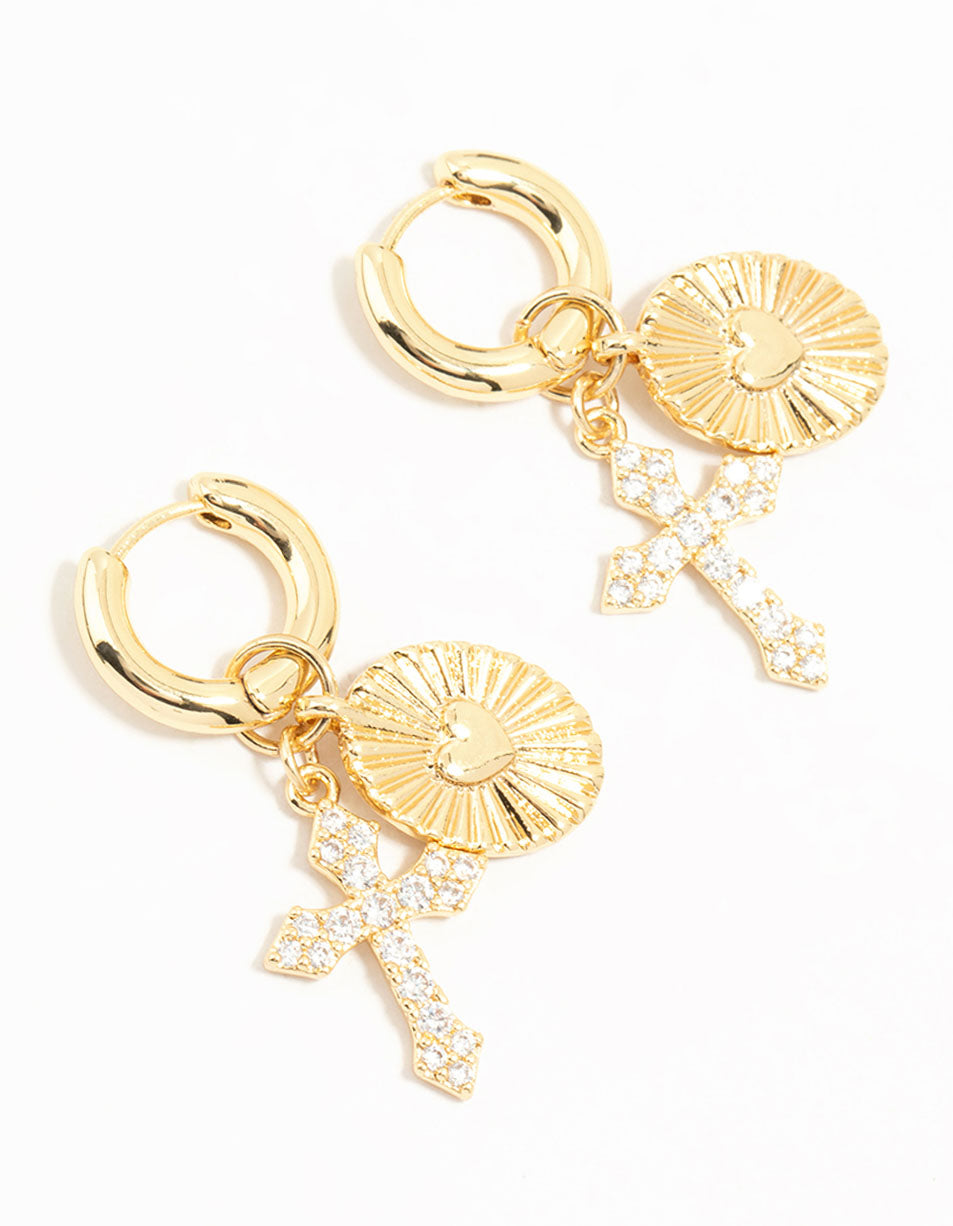 Gold Plated Cubic Zirconia Cross Huggie Earrings