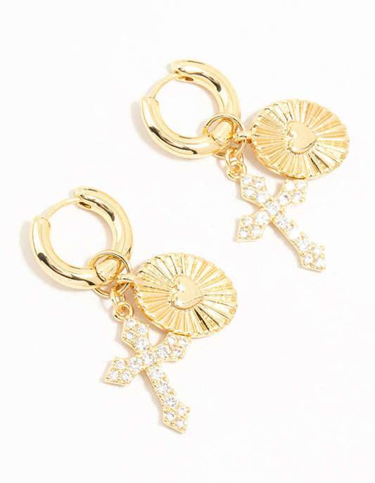 Gold Plated Cubic Zirconia Cross Huggie Earrings